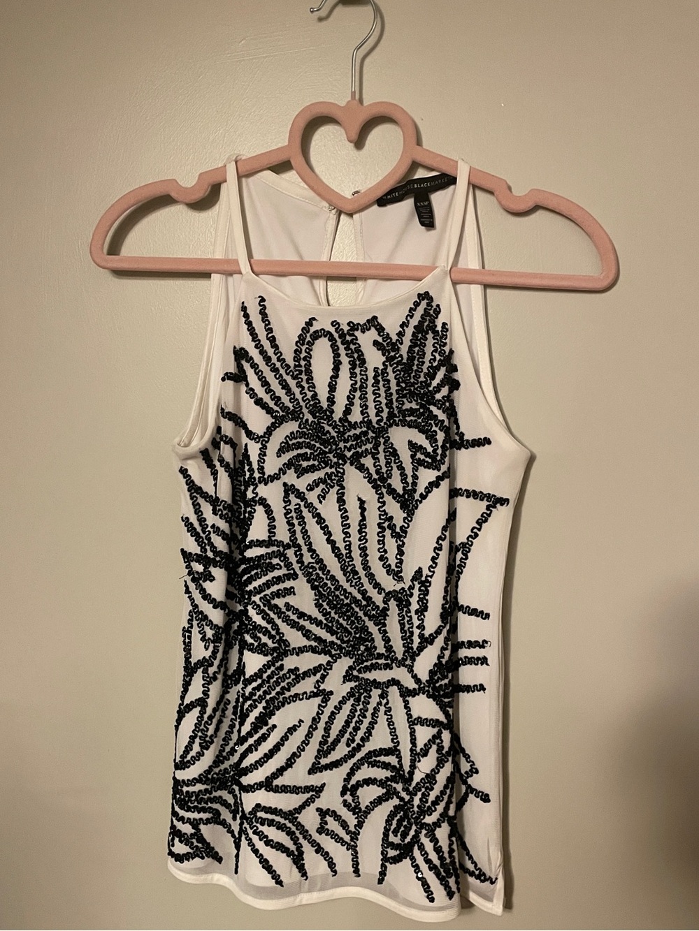 White House Black Market White Tank with Black Sequin Floral Design